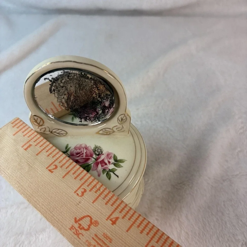 Vtg Porcelain Jewelry Trinket Box Floral Roses‎ Dresser Real Round Mirror Vanity